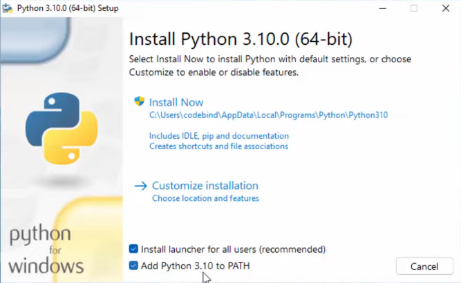 Primera ventana del instalador de Python en Windows